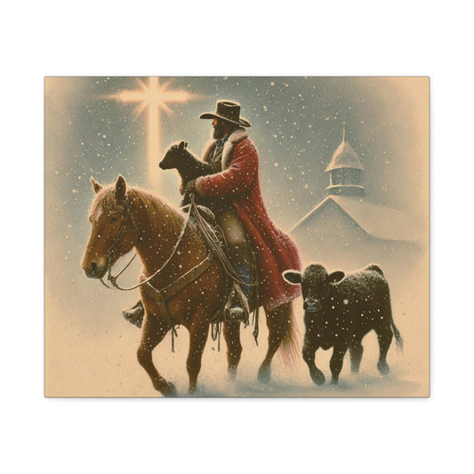 Canvas Print - Cowboy Santa Christmas Church Cross Winter Night Ranch Home Decor